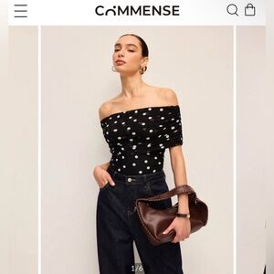 Commense Black and White Polka Dot Off-Shoulder Bodysuit